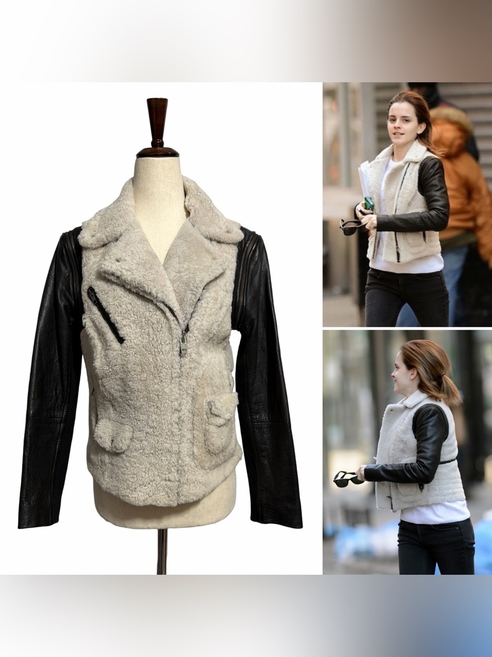 Yigal Azrouel • Detachable Leather Sleeve Shearling Jacket US 4 ASO Emma Watson